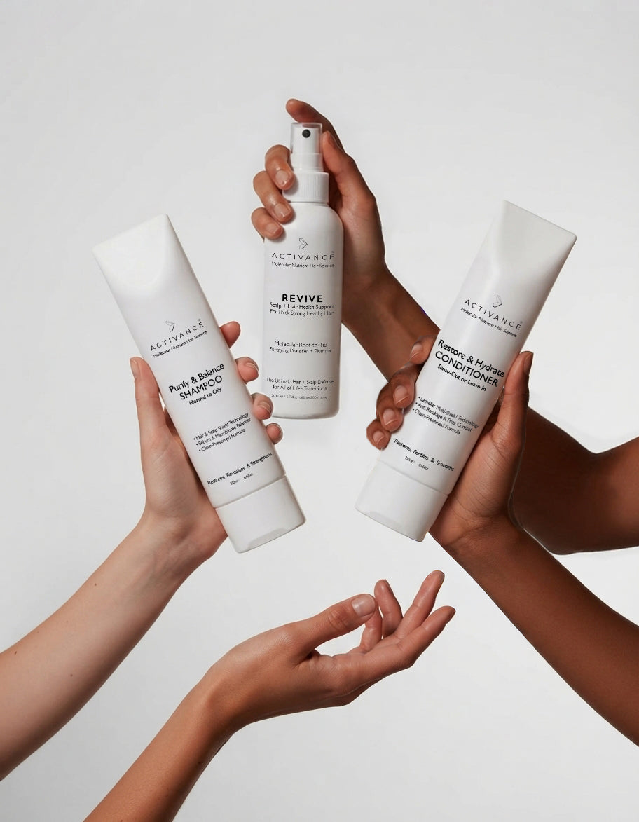 Activance Revive Routine – shampoo, Revive hair thickening spray and Restore & Hydrate Conditioner, lifestyle photograph